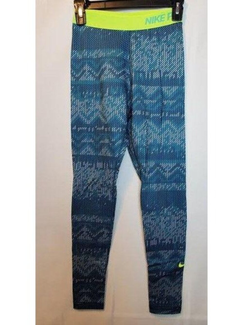 Nike Pro Dri-Fit Teal Pattern Leggings Small Neon Waistband Full Length